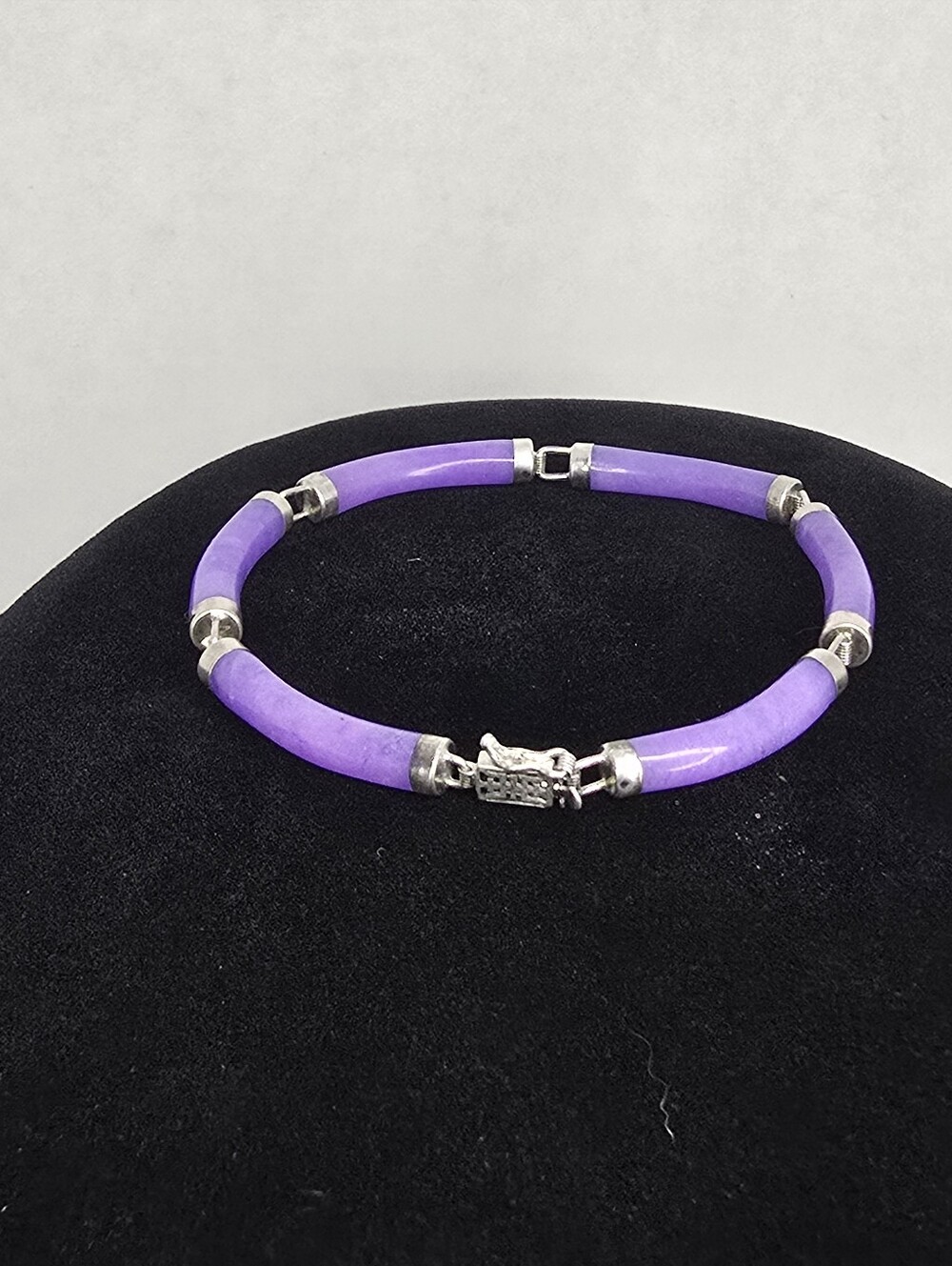 Vintage 7.25 Inch Sterling Silver and Purple Jade Panel Bracelet